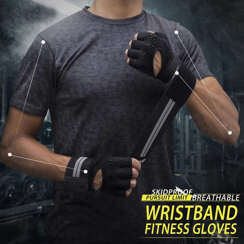 A person wearing black wristband fitness gloves on their wrist, demonstrating the grip and fit.