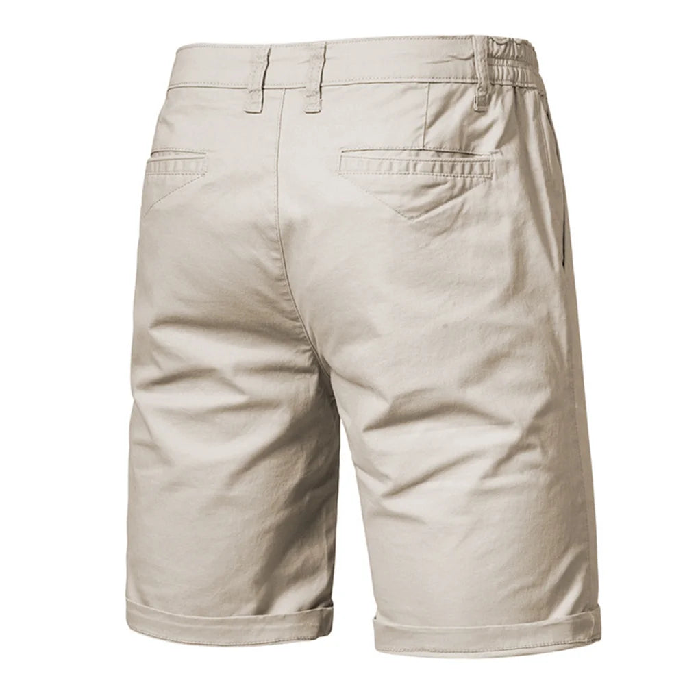 Light beige men's summer cotton casual shorts shown from the back