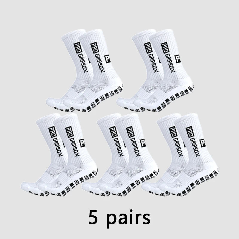 Five pairs of white Pro Gripsox anti-slip soccer socks displayed on a light gray background.