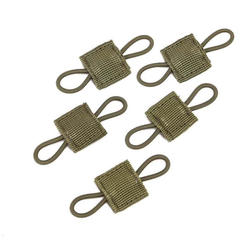 A multi-pack of tactical antenna binding buckles made of olive green woven material.