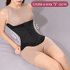 A woman wearing a beige and black invisible waist trainer corset for tummy control.