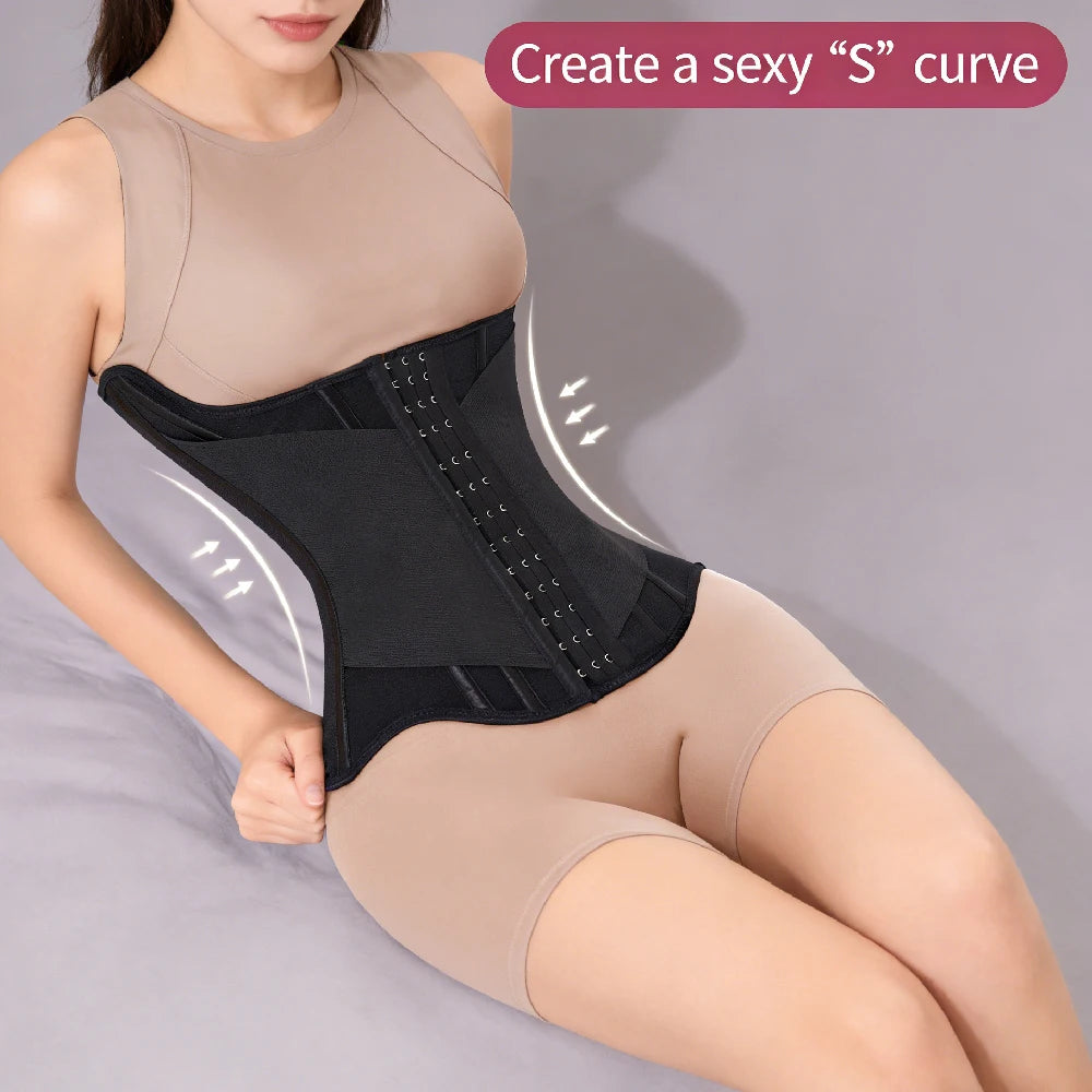 A woman wearing a beige and black invisible waist trainer corset for tummy control.