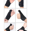 Black adjustable wrist and thumb support brace shown in various angles on a hand and wrist.
