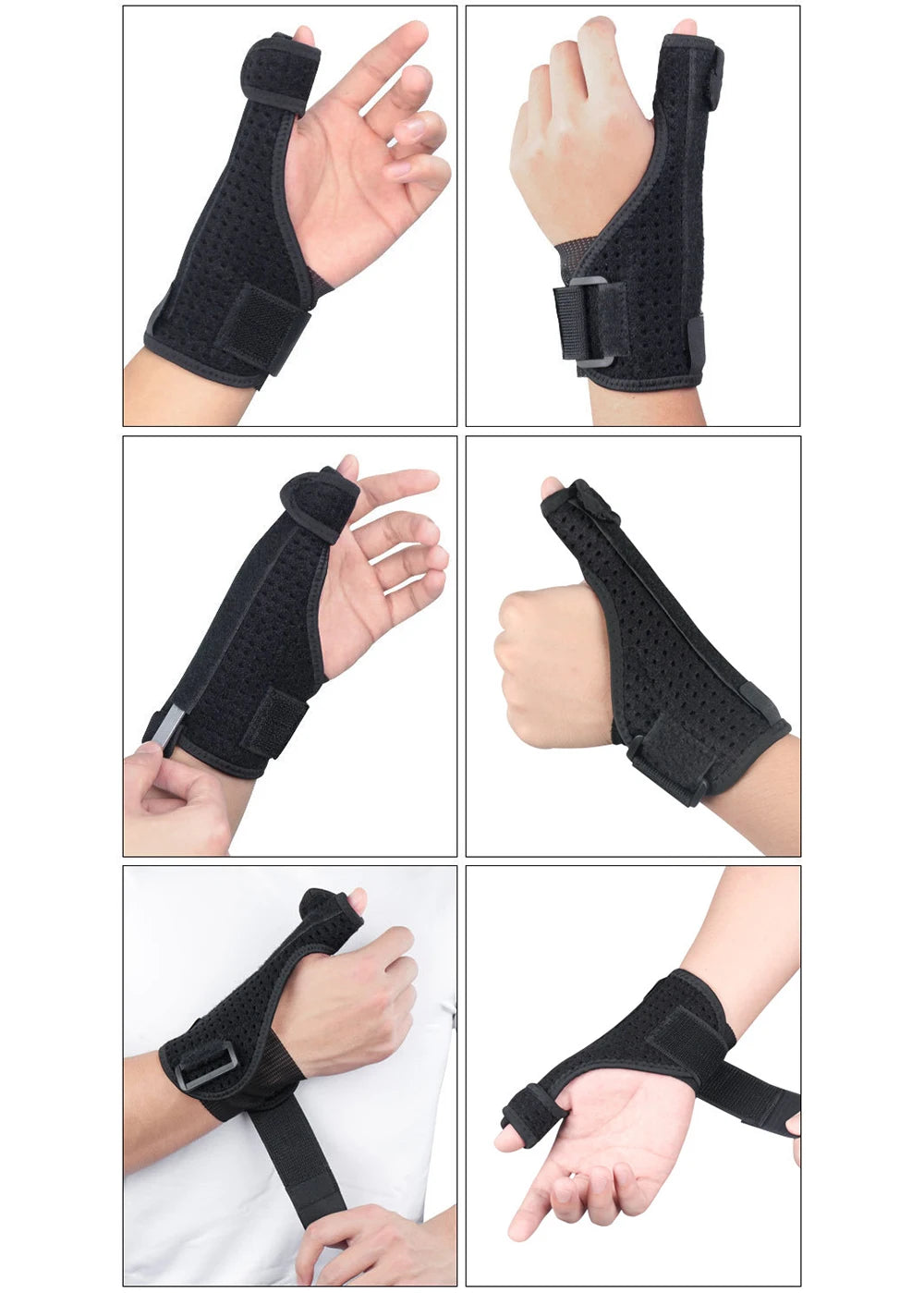 Black adjustable wrist and thumb support brace shown in various angles on a hand and wrist.