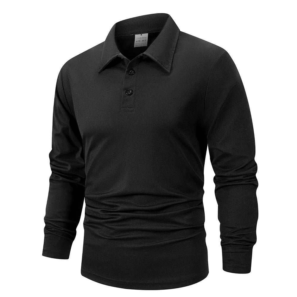 A black men's breathable casual polo shirt shown from the front.