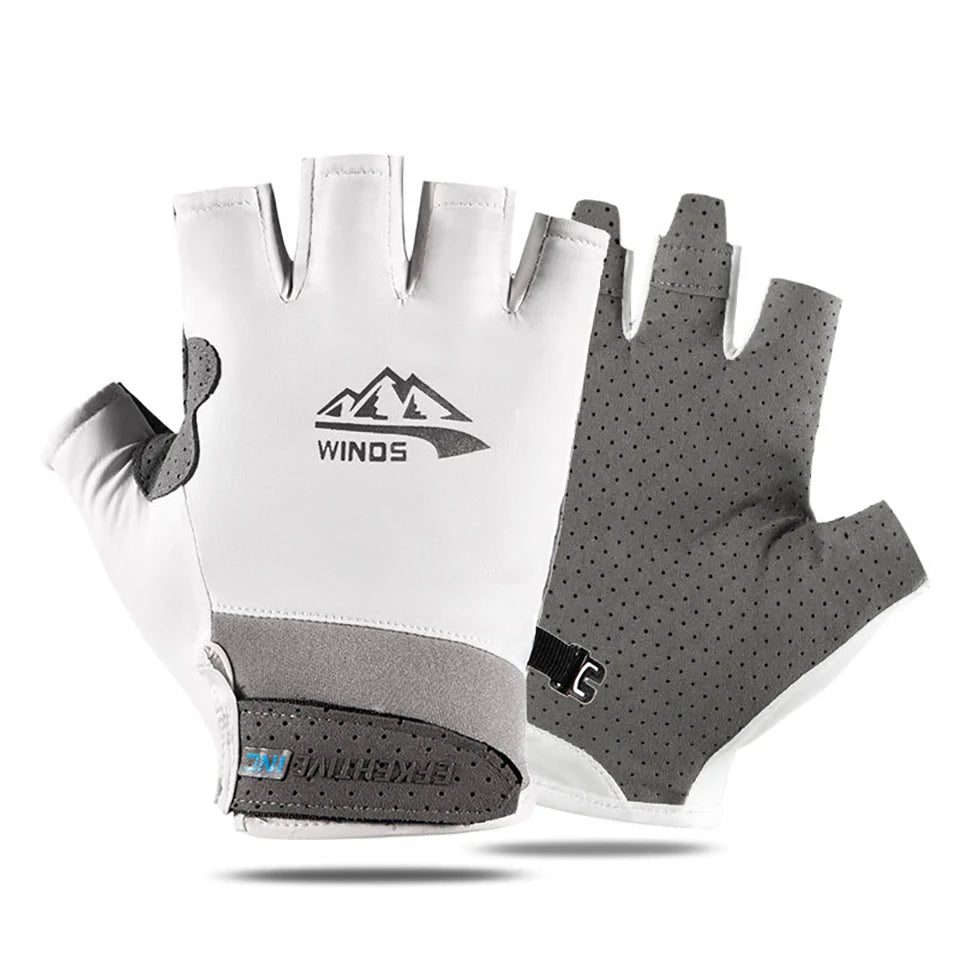 White and gray summer ice silk sun protection gloves shown from the palm side