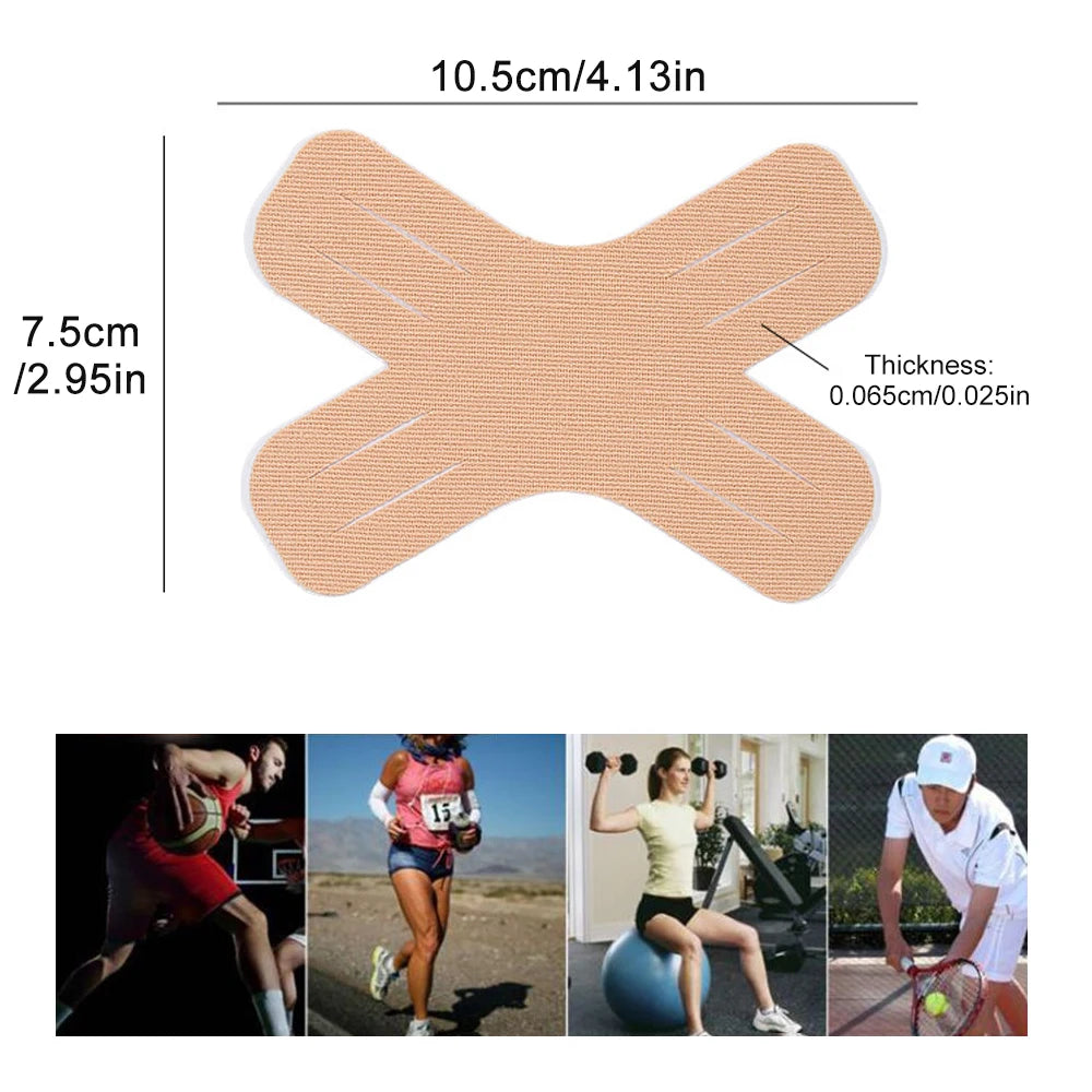 A set of beige kinesiology tape strips demonstrating the thickness and size for joint support.