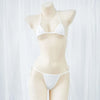 A white halter neck two-piece triangle bikini set displayed on a mannequin.
