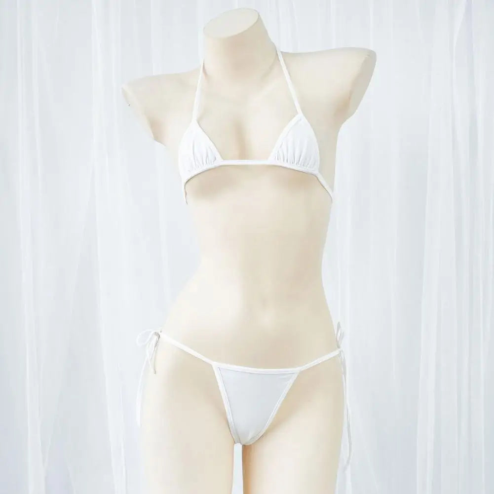 A white halter neck two-piece triangle bikini set displayed on a mannequin.