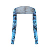 A pair of blue and black camouflage UV protection arm sleeves displayed on a hanger.