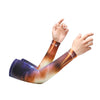 A person is wearing a long-sleeved, dark brown and orange UV protection cooling arm sleeve on their forearm.