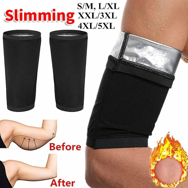 Black arm slimming compression bands shown before and after application on a person's arm.