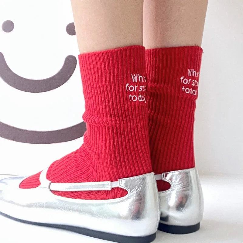 Pair of red embroidered cotton socks worn with silver loafers.
