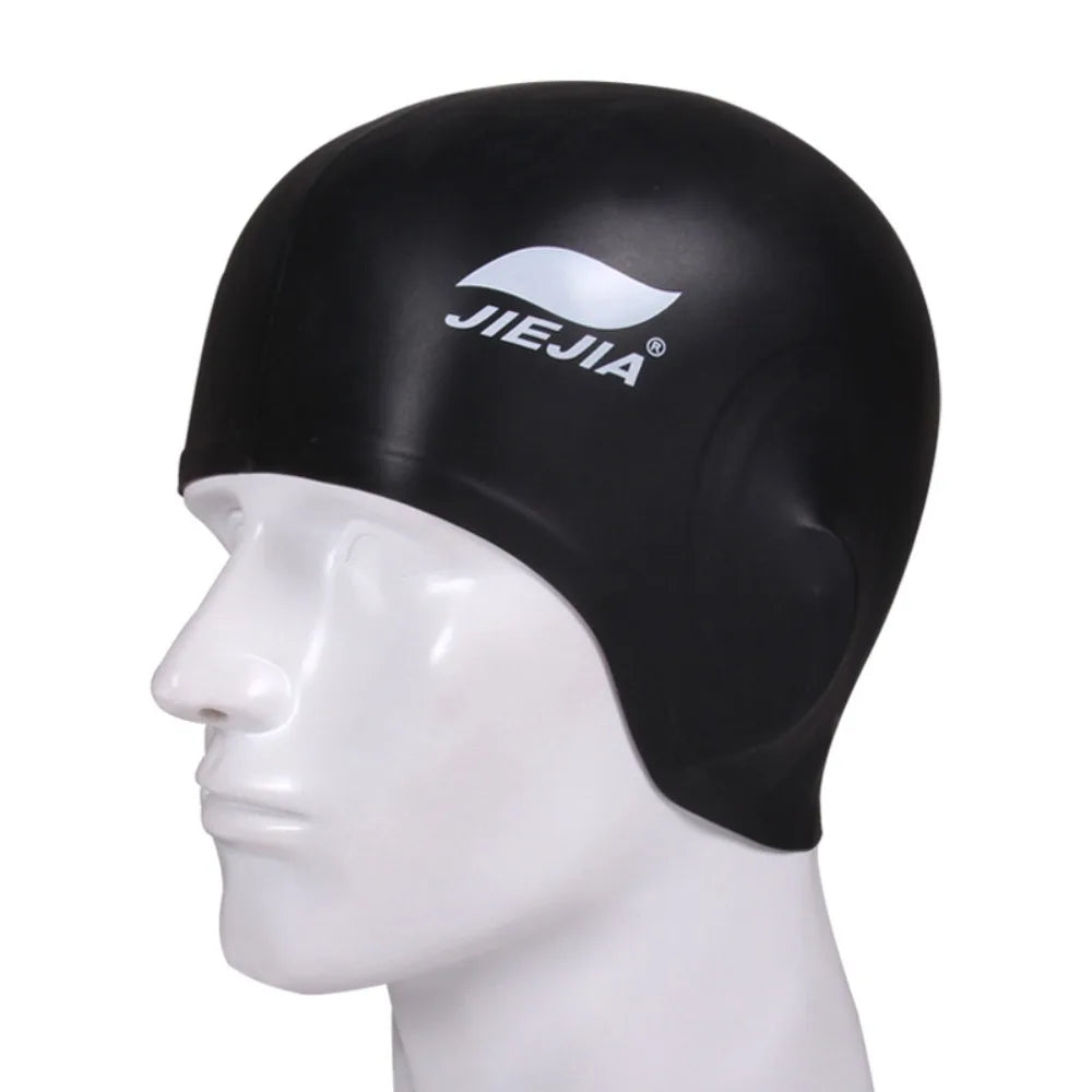 Black universal silicone swimming cap displayed on a white mannequin head.