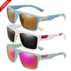 Three pairs of polarized square sunglasses in blue, white, and green colors.