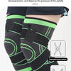 A pair of black and neon green compression knee braces are shown on a person's leg, demonstrating shock relief and decompress
