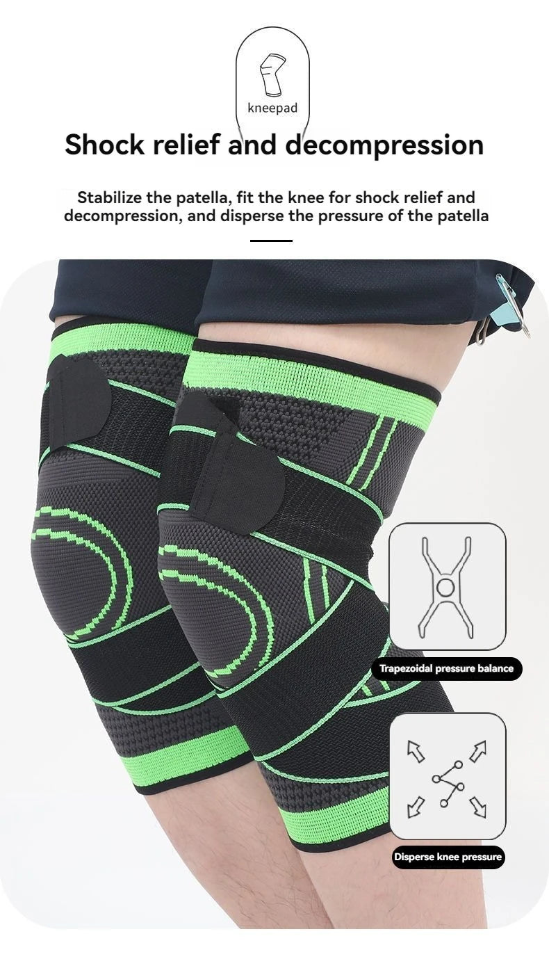 A pair of black and neon green compression knee braces are shown on a person's leg, demonstrating shock relief and decompress