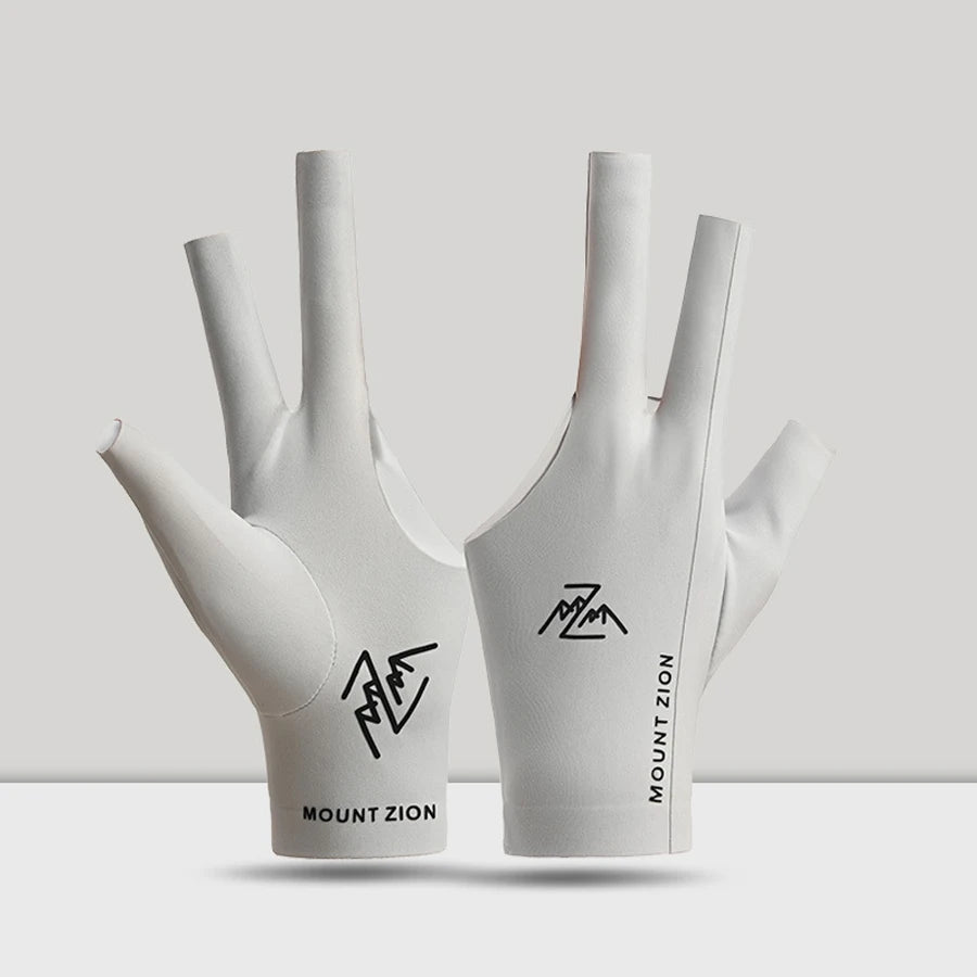 A pair of white professional 3-finger billiard cue gloves with the Mount Zion logo.