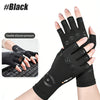 Black fingerless compression gloves being worn on a hand, demonstrating double silicone pressure.