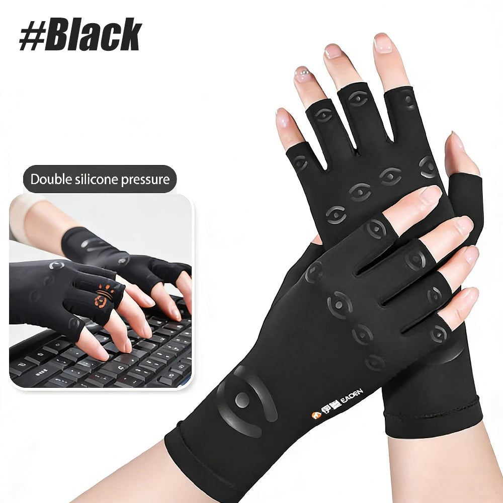 Black fingerless compression gloves being worn on a hand, demonstrating double silicone pressure.