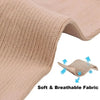Close-up of a beige knitted fabric showing a textured surface and arrows indicating soft and breathable fabric features.