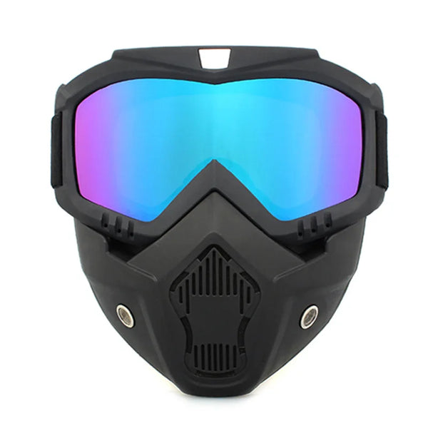 Black dustproof full face cycling and motorcycle goggles with a bright blue lens