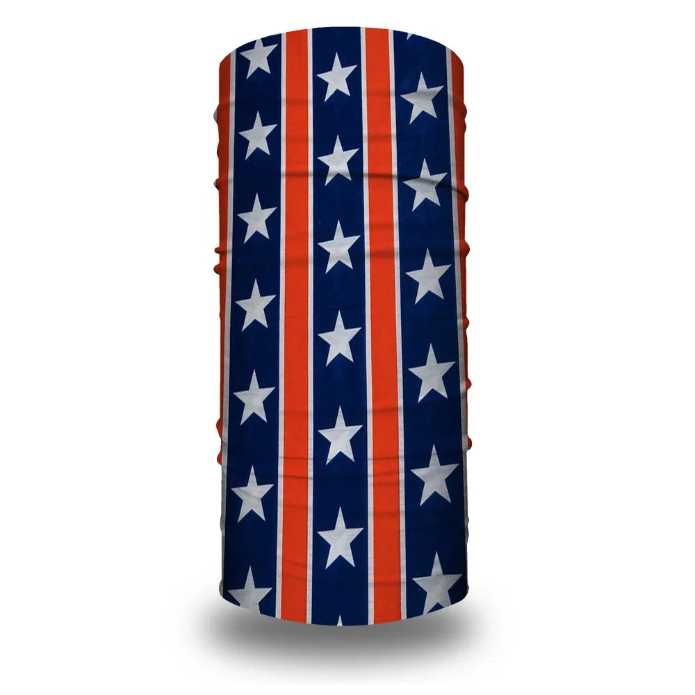 A tube bandana featuring the design of the USA flag with red and white stripes and blue stars.