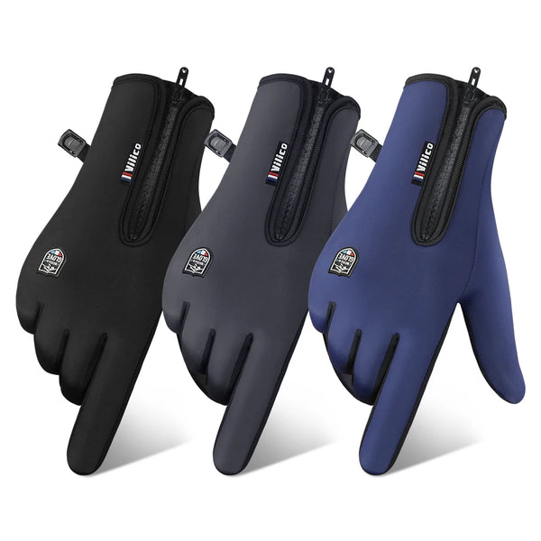 Three pairs of black and blue waterproof cycling and driving gloves shown from the palm side