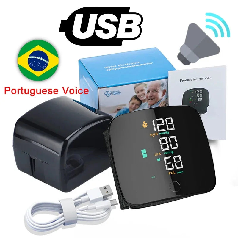 A black digital wrist blood pressure monitor device, its instructions, and a USB cable are shown next to the USB logo.