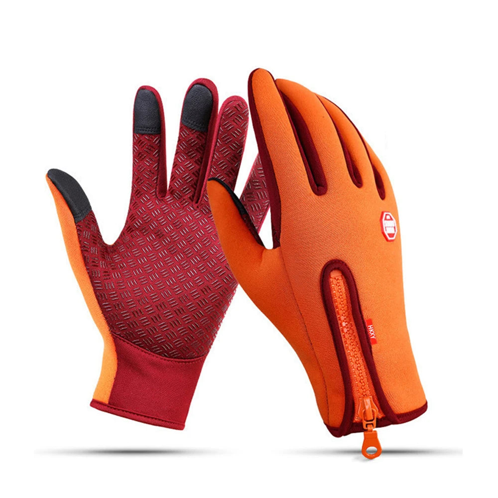 Orange and red touchscreen gloves shown in a pair, ready for cycling or hiking.