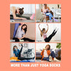 A collage showing people practicing yoga, Pilates, and other activities with grip socks for various fitness levels.
