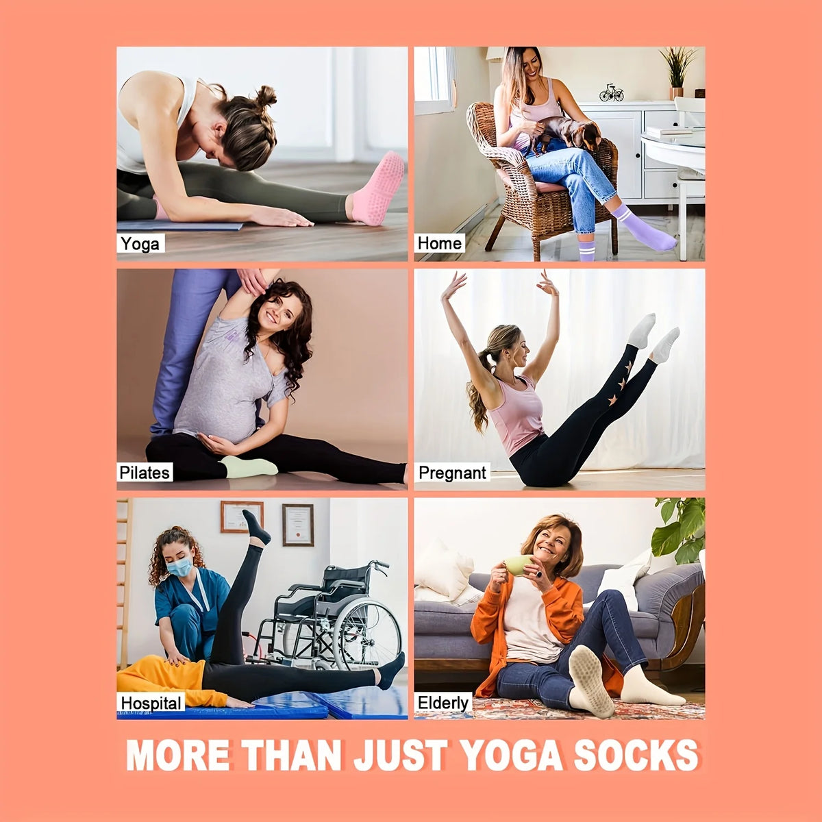 A collage showing people practicing yoga, Pilates, and other activities with grip socks for various fitness levels.