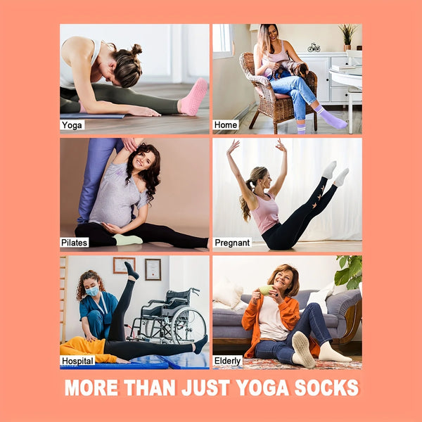 Collage von Menschen, die Yoga, Pilates und andere Aktivitäten mit Grip-Socken für verschiedene Fitnesslevel ausüben.