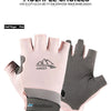 A pair of pink and gray summer ice silk sun protection gloves shown side by side.