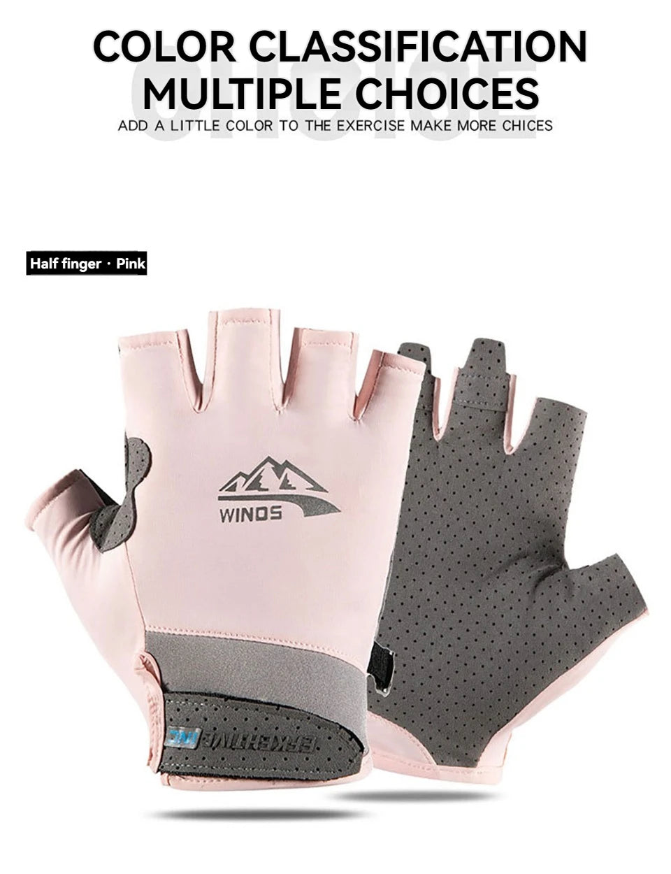A pair of pink and gray summer ice silk sun protection gloves shown side by side.