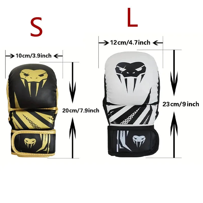 Set of thickened PU boxing gloves for MMA and Muay Thai training in black and white.