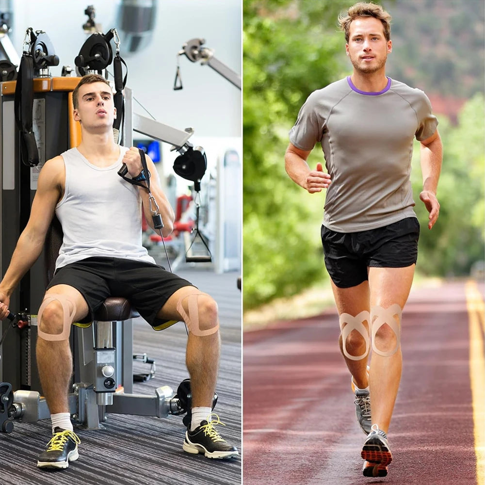 A male runner wearing pre-cut kinesiology support tape on his legs while jogging on a track.
