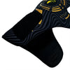 A close-up of black and gold high-performance goalkeeper gloves.