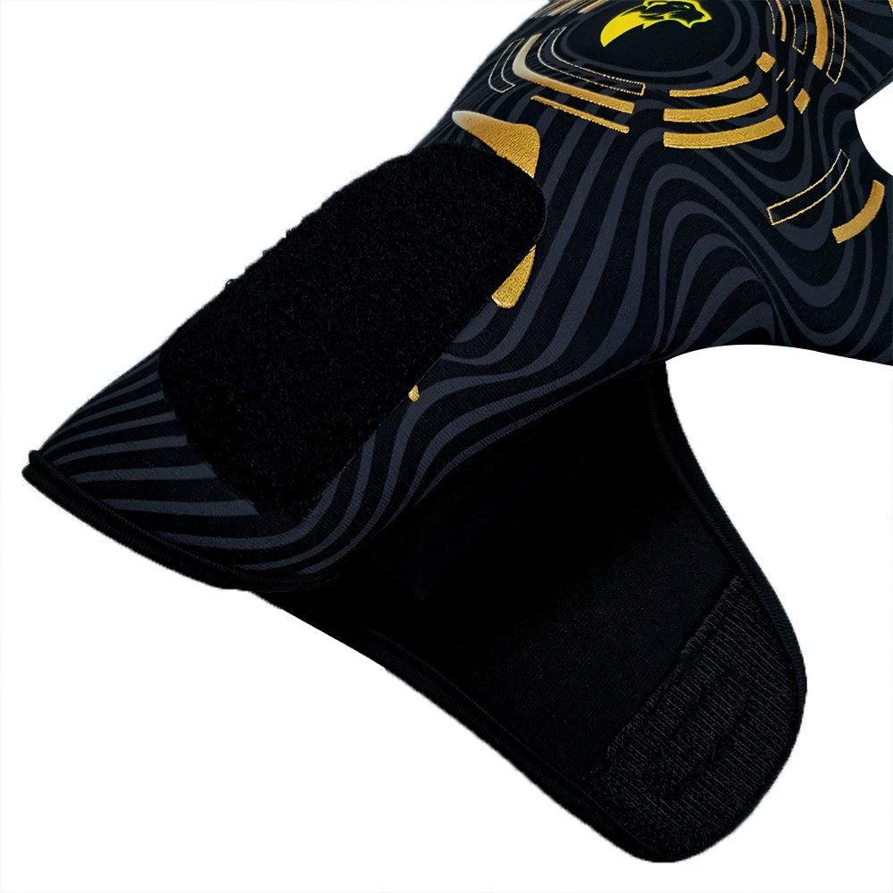 A close-up of black and gold high-performance goalkeeper gloves.
