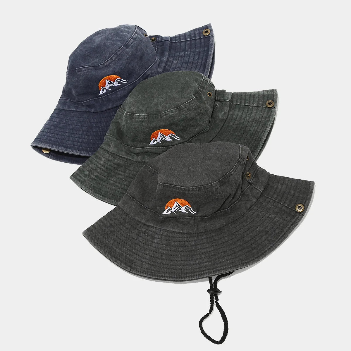 Washed Cotton Bucket Hat with Embroidery – Unisex Wide Brim for Outdoor Adventures