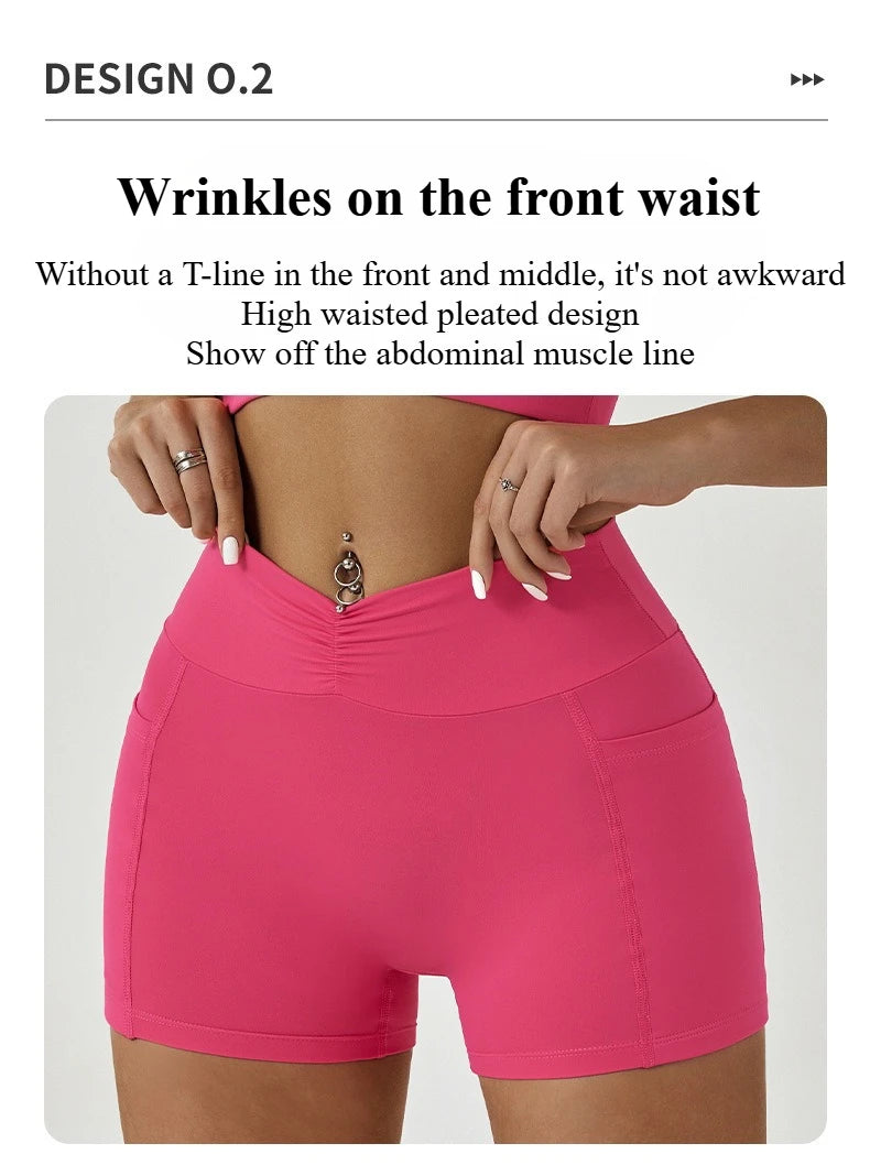 A model wearing bright pink high-waisted athletic leggings, showcasing the abdominal muscle line.