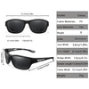 Black unisex sunglasses with a PC frame and TAC lenses shown from the front and side.