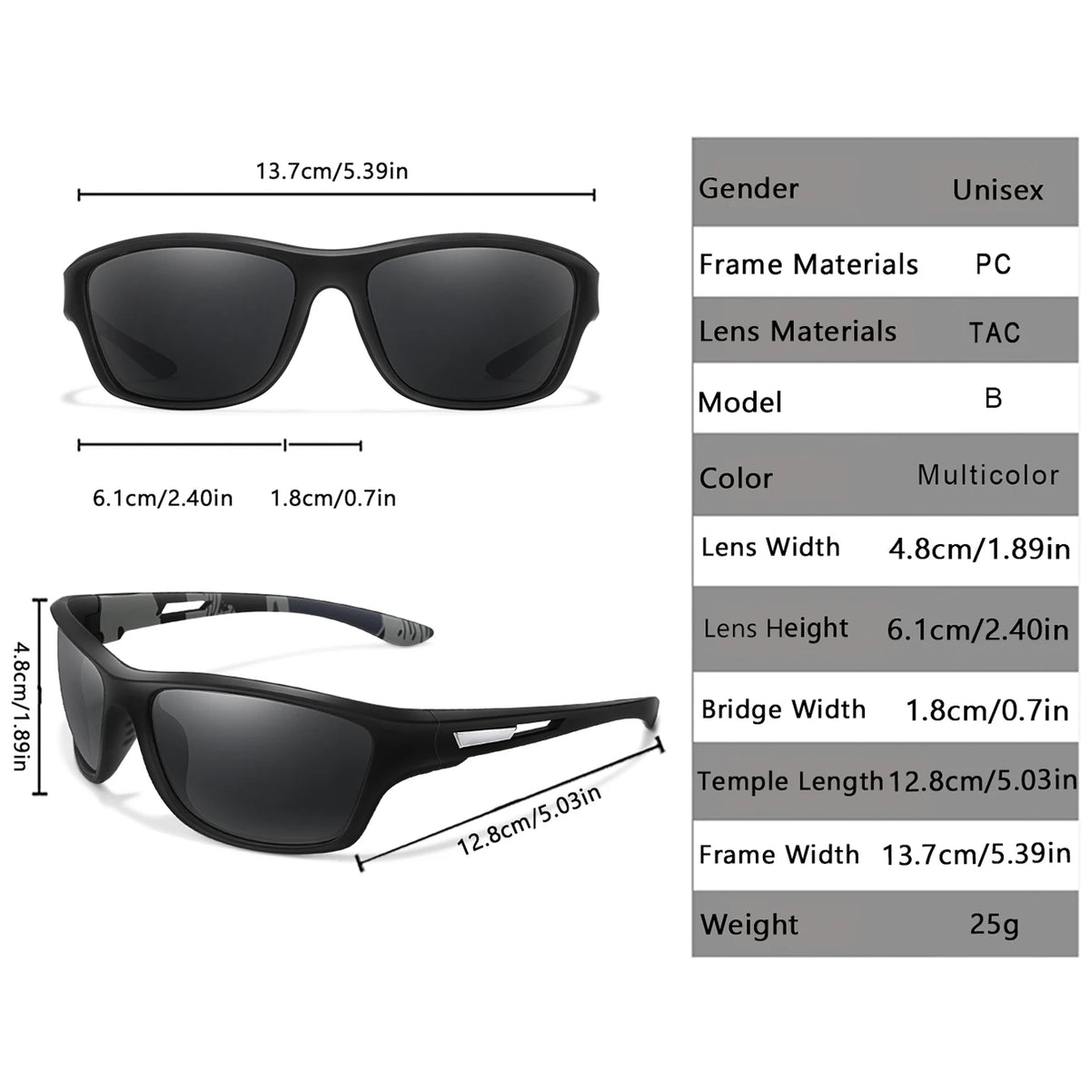 Black unisex sunglasses with a PC frame and TAC lenses shown from the front and side.