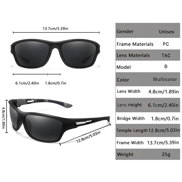 Black unisex sunglasses with a PC frame and TAC lenses shown from the front and side.