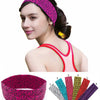 A woman wearing a pink leopard print sports headband, with various colored options displayed below.