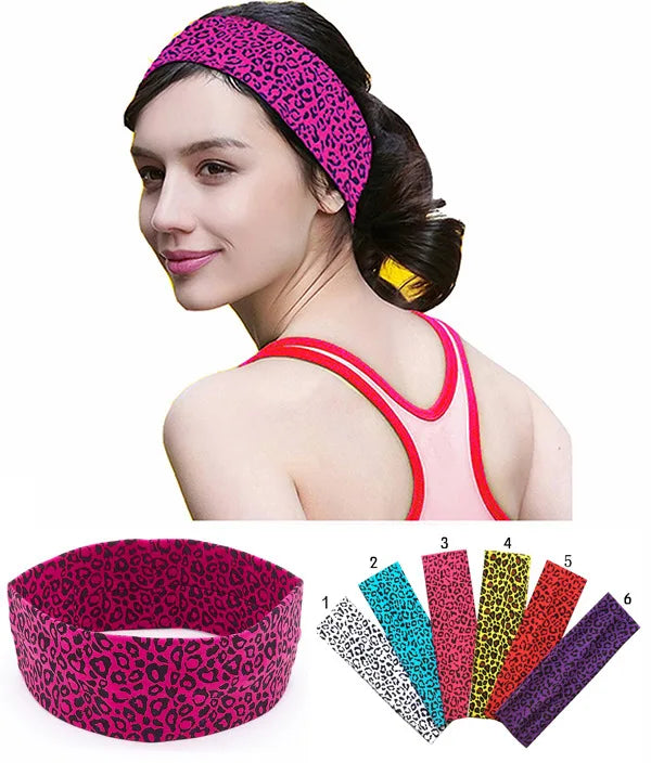 A woman wearing a pink leopard print sports headband, with various colored options displayed below.