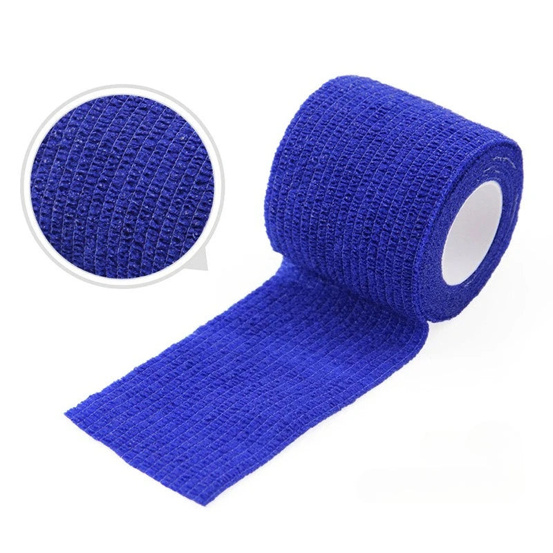 Roll of blue self-adhesive elastic bandage tape with a circular view of the material.