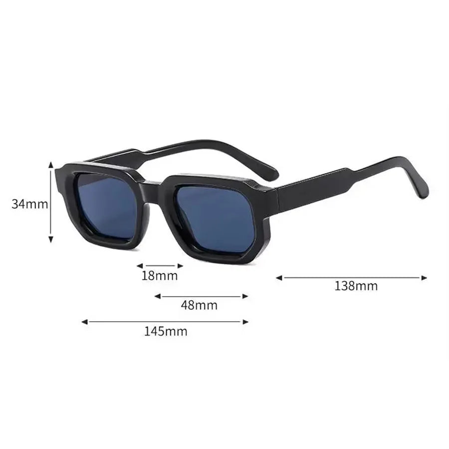Paire de lunettes de soleil rectangulaires rétro bleu foncé avec mesures.