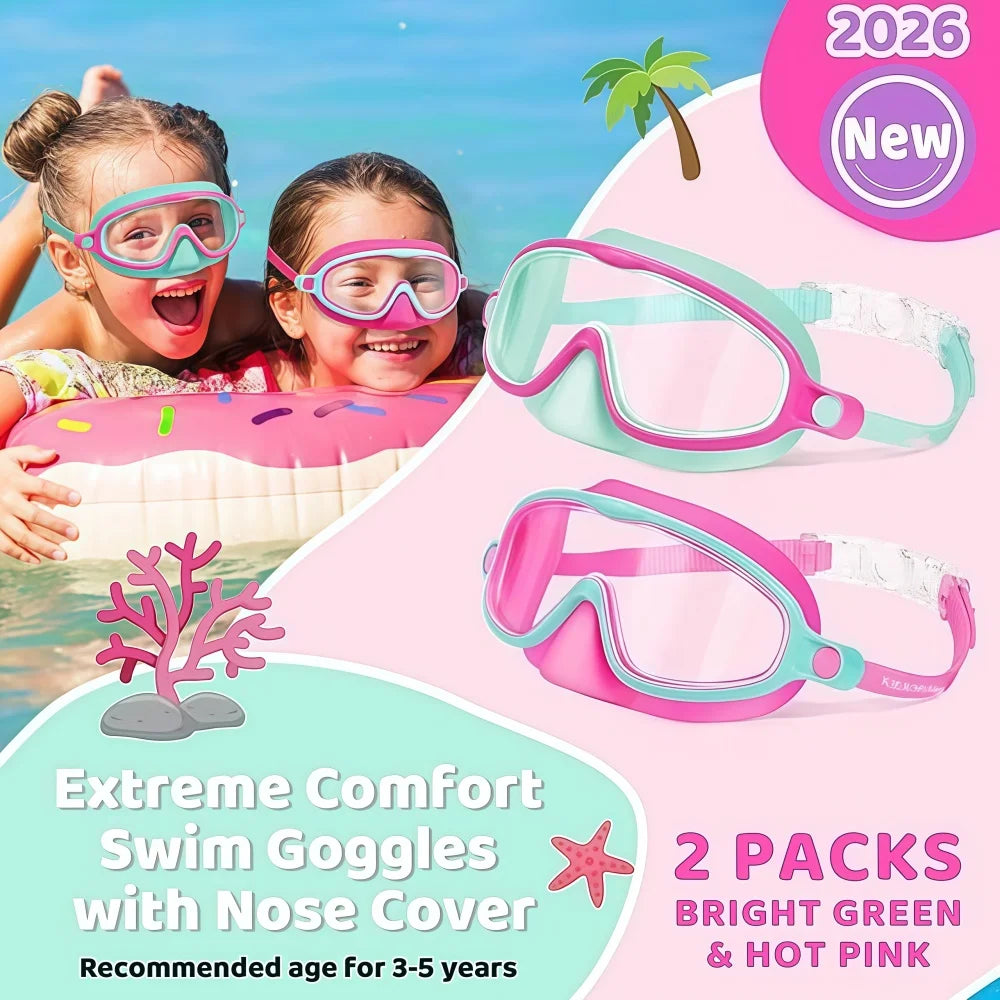Deux filles portant des lunettes de natation vert vif et rose fluo avec protections nasales