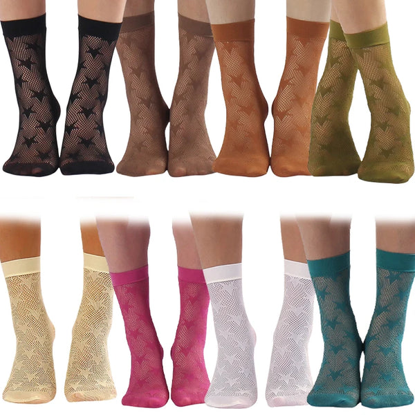 A variety of women's floral lace ankle socks in various shades of brown, green, and pink are displayed on legs.
